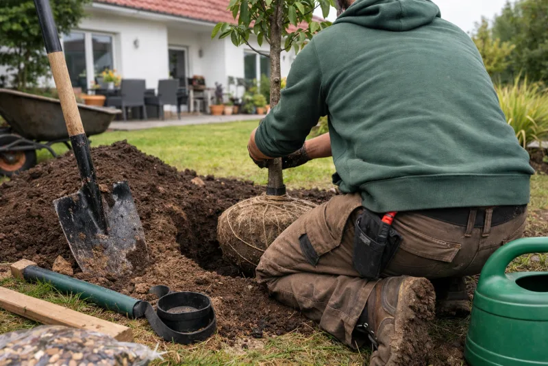 Gärtner setzt jungen Baum mit Wurzelballen in vorbereitetes Pflanzloch