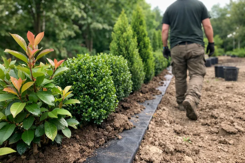 Gärtner bei der Heckenpflanzung – frisch gesetzte Buchsbaumreihe
