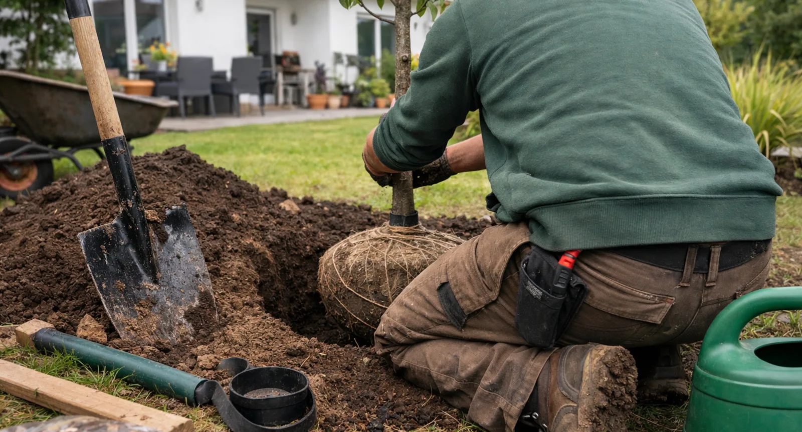 Gärtner setzt Baum mit Wurzelballen in vorbereitetes Pflanzloch im Garten