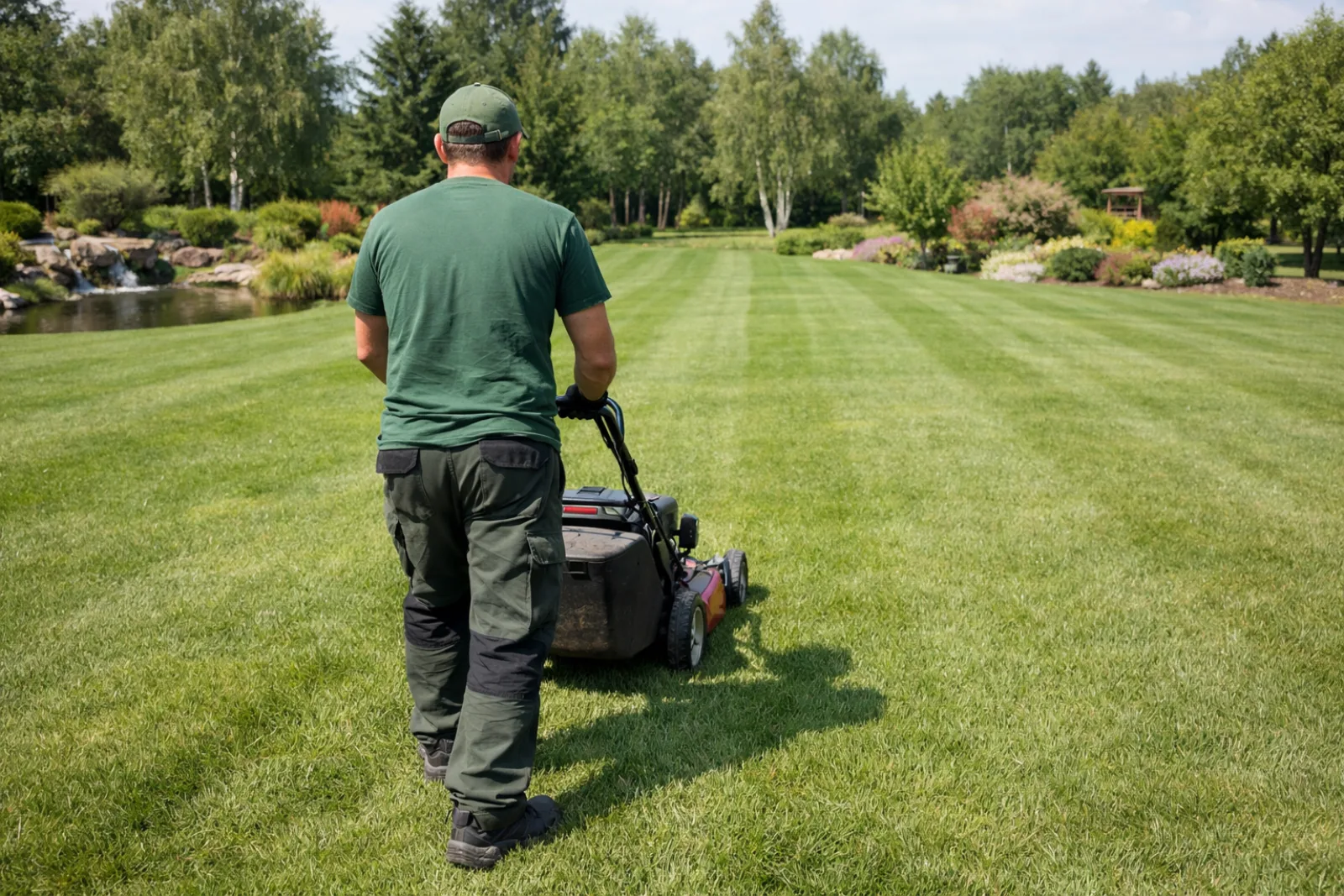 Gärtner mäht gepflegten Rasen mit Rasenmäher in großem Garten